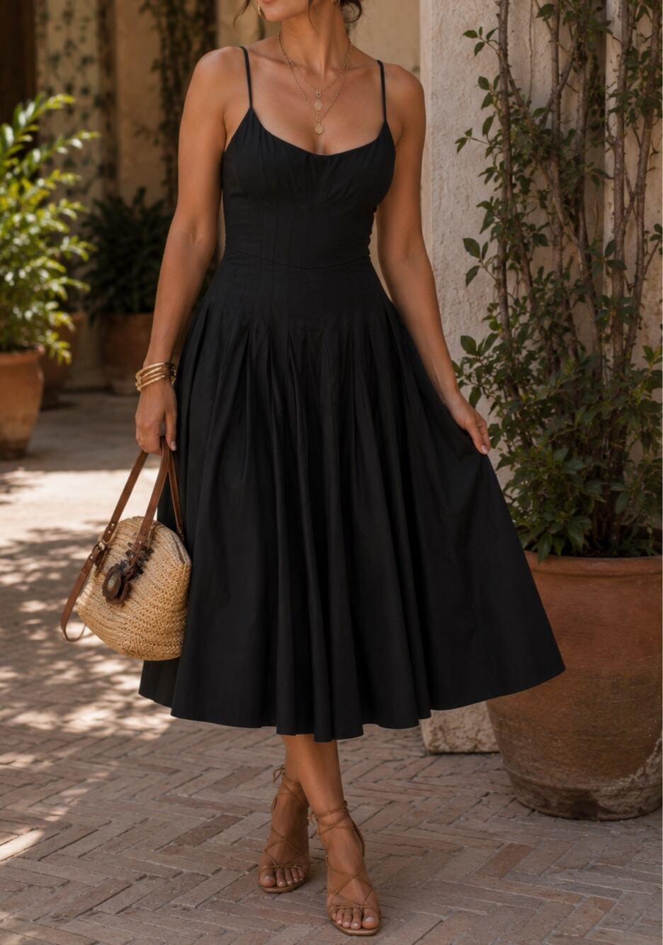 Hunter Bell Naomi Dress Black Corset Midi Cotton Spaghetti Strap Size 2